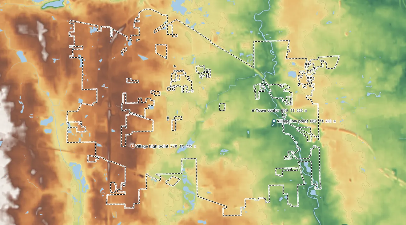 Topographic elevation map of Addison, Illinois, shaded from 660 ft near the middle to 770 ft on the west side