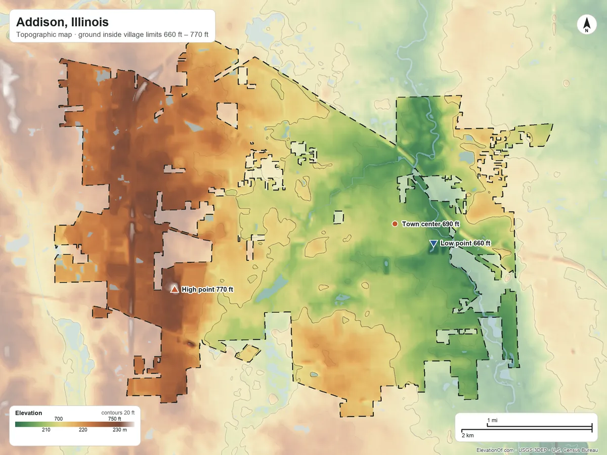 Topographic elevation map of Addison, Illinois, shaded from 660 ft near the middle to 770 ft on the west side