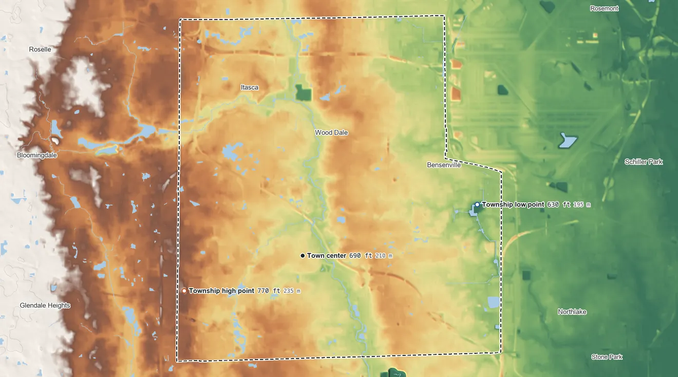 Topographic elevation map of Addison Township, Illinois, shaded from 630 ft on the east side to 770 ft on the west side