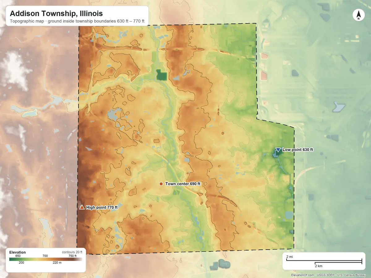 Topographic elevation map of Addison Township, Illinois, shaded from 630 ft on the east side to 770 ft on the west side