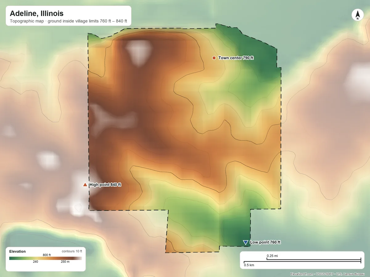 Topographic elevation map of Adeline, Illinois, shaded from 760 ft on the south side to 840 ft on the southwest side