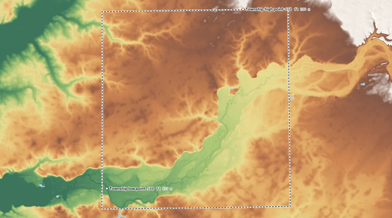 Topographic elevation map of Aetna Township, Illinois, shaded from 580 ft on the west side to 650 ft on the north side