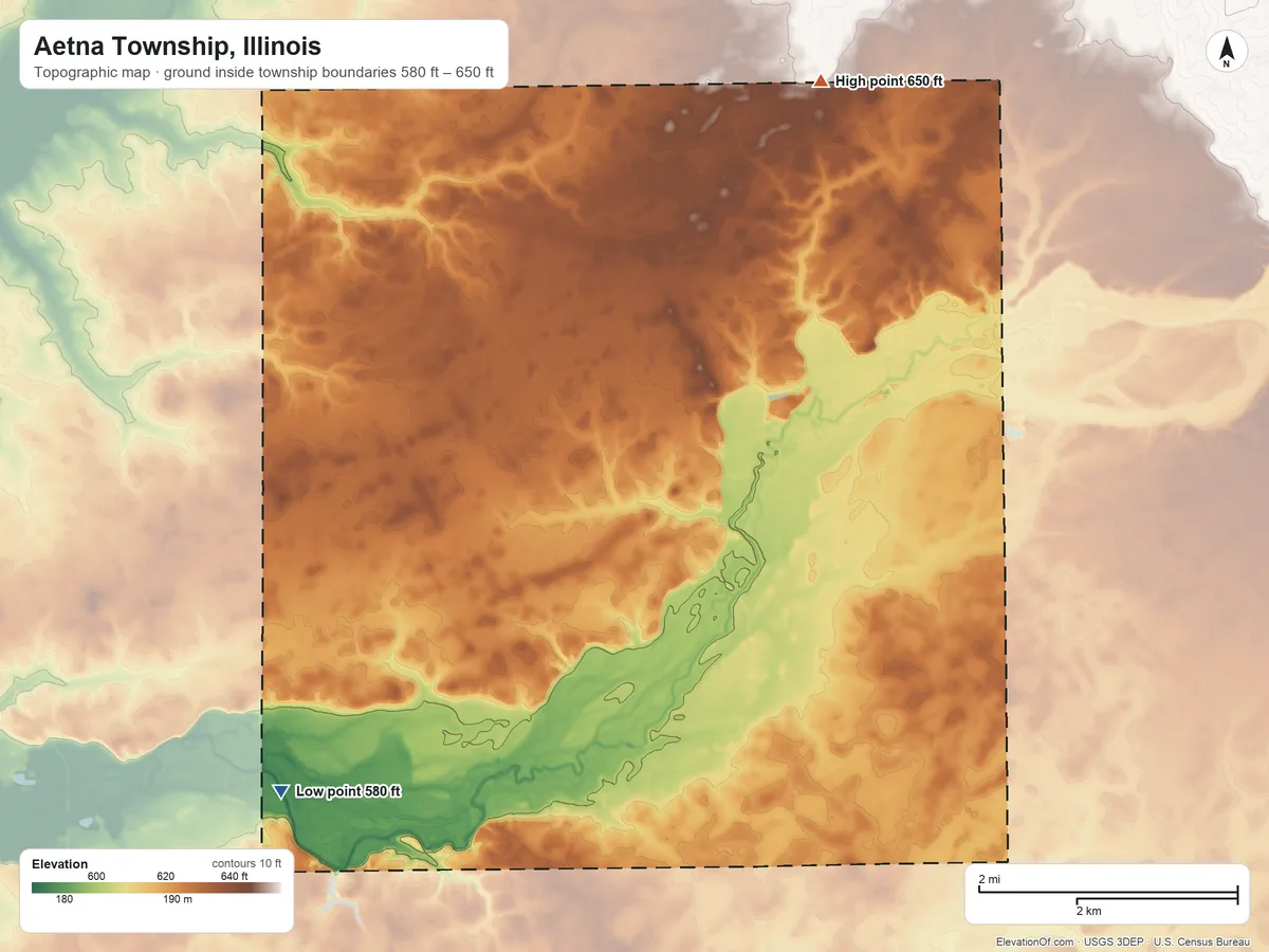 Topographic elevation map of Aetna Township, Illinois, shaded from 580 ft on the west side to 650 ft on the north side