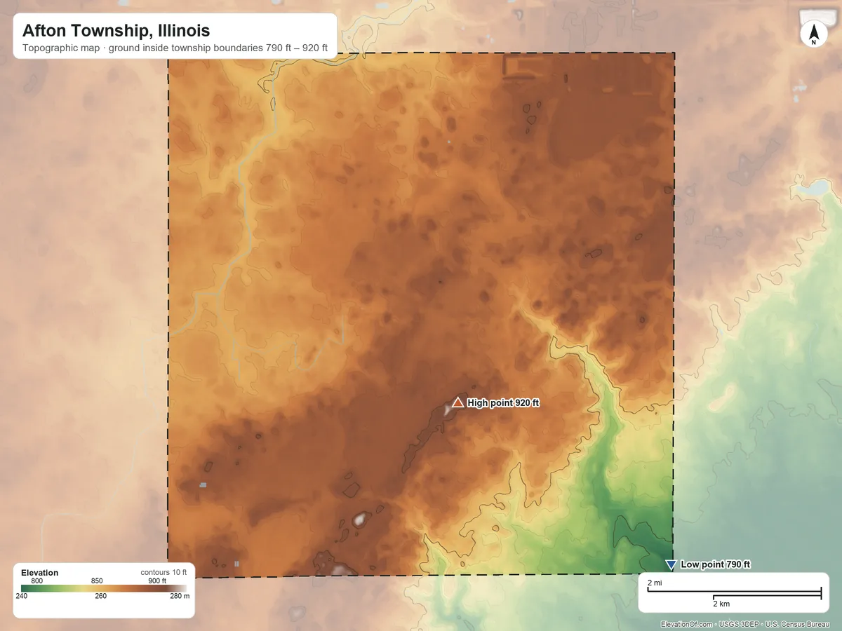 Topographic elevation map of Afton Township, Illinois, shaded from 790 ft on the southeast side to 920 ft on the south side
