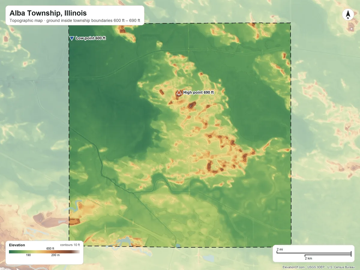 Topographic elevation map of Alba Township, Illinois, shaded from 600 ft on the northwest side to 690 ft on the north side