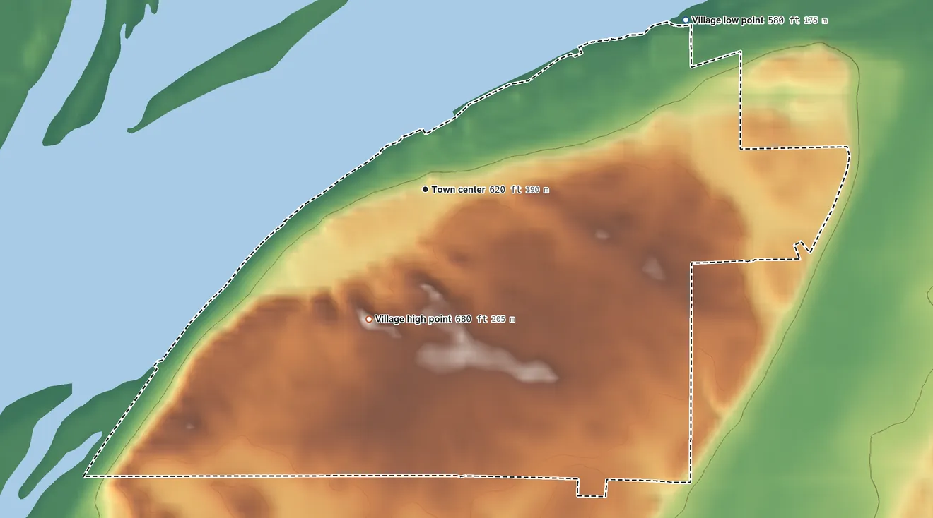Topographic elevation map of Albany, Illinois, shaded from 580 ft on the northeast side to 680 ft on the southwest side