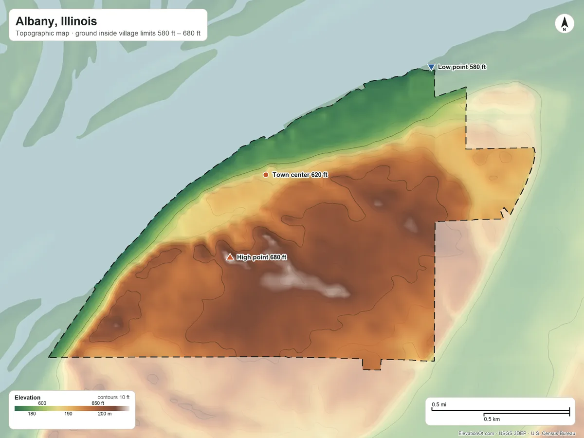 Topographic elevation map of Albany, Illinois, shaded from 580 ft on the northeast side to 680 ft on the southwest side