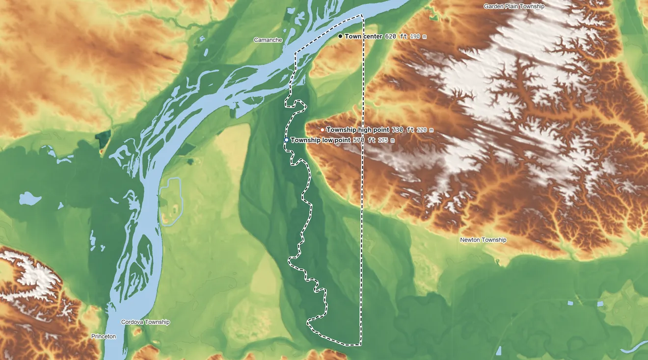 Topographic elevation map of Albany Township, Illinois, shaded from 570 ft on the southwest side to 730 ft on the south side