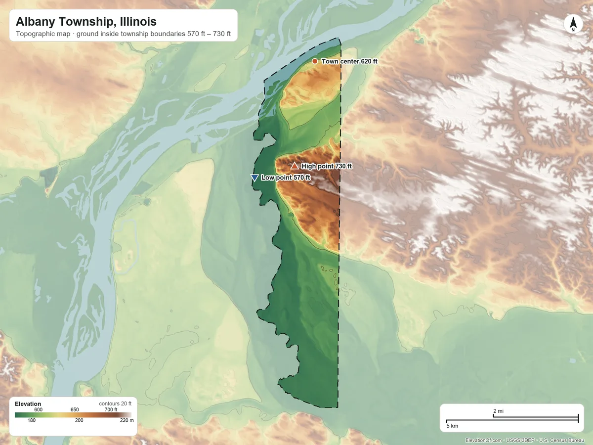Topographic elevation map of Albany Township, Illinois, shaded from 570 ft on the southwest side to 730 ft on the south side