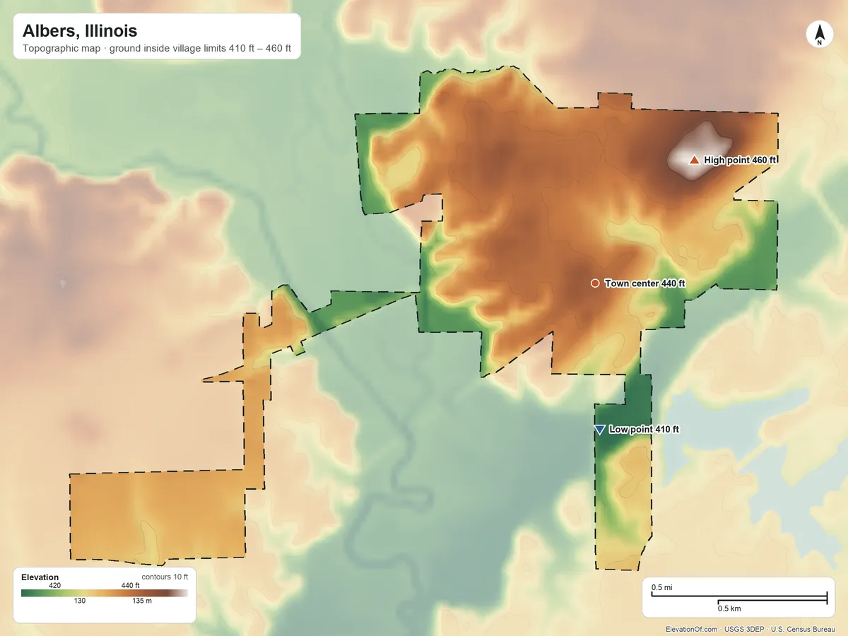 Topographic elevation map of Albers, Illinois, shaded from 410 ft on the south side to 460 ft on the northeast side