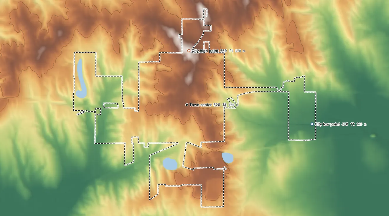 Topographic elevation map of Albion, Illinois, shaded from 410 ft on the east side to 560 ft on the north side