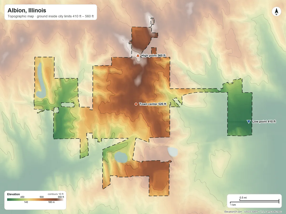 Topographic elevation map of Albion, Illinois, shaded from 410 ft on the east side to 560 ft on the north side