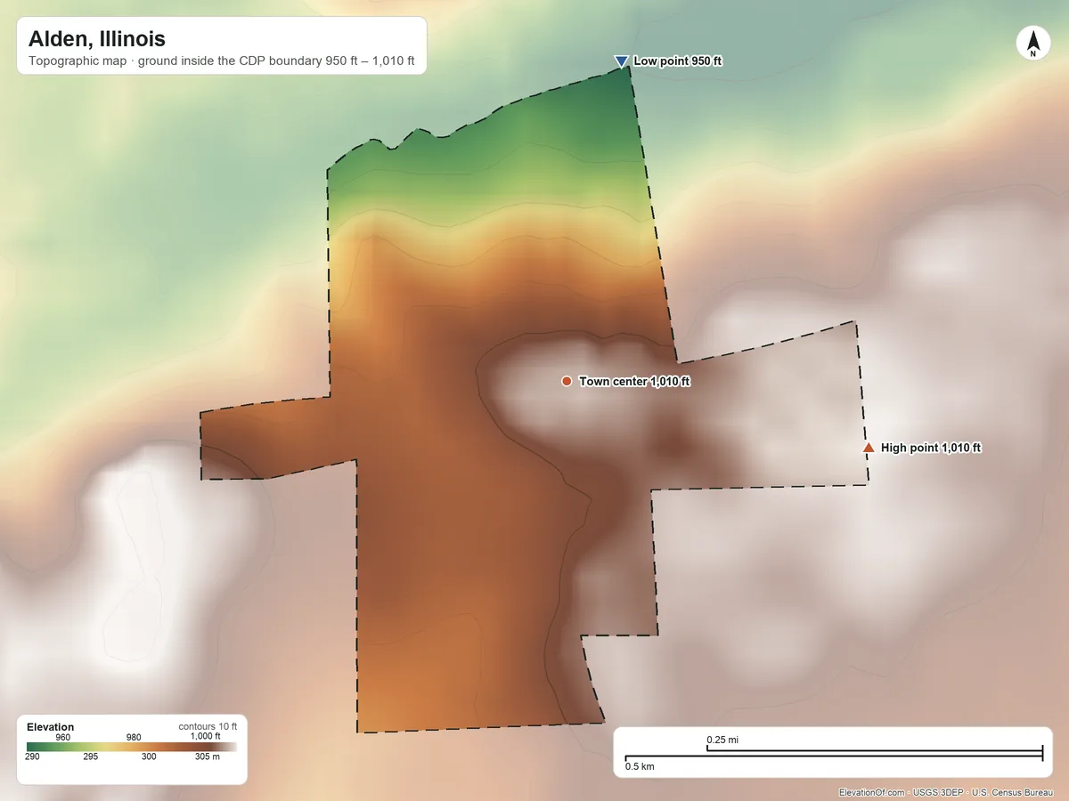 Topographic elevation map of Alden, Illinois, shaded from 950 ft on the north side to 1,010 ft on the east side