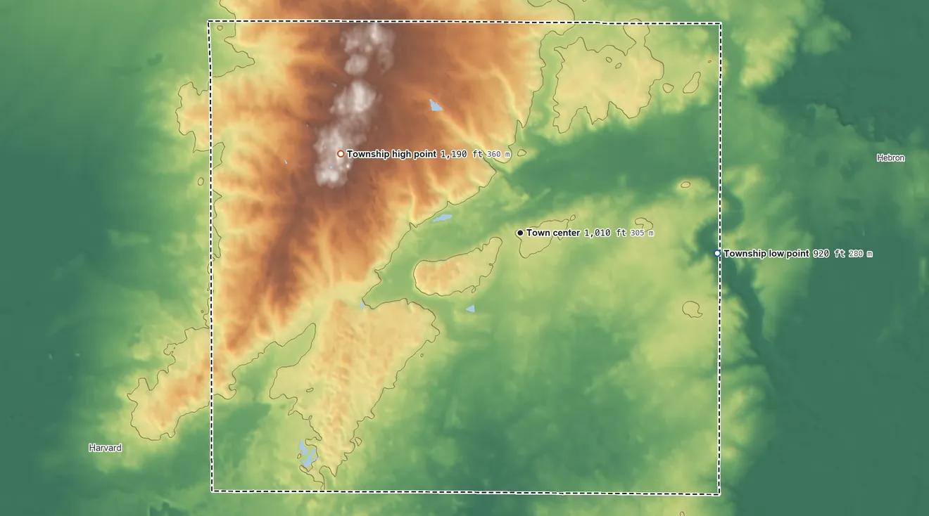 Topographic elevation map of Alden Township, Illinois, shaded from 920 ft on the east side to 1,190 ft on the northwest side