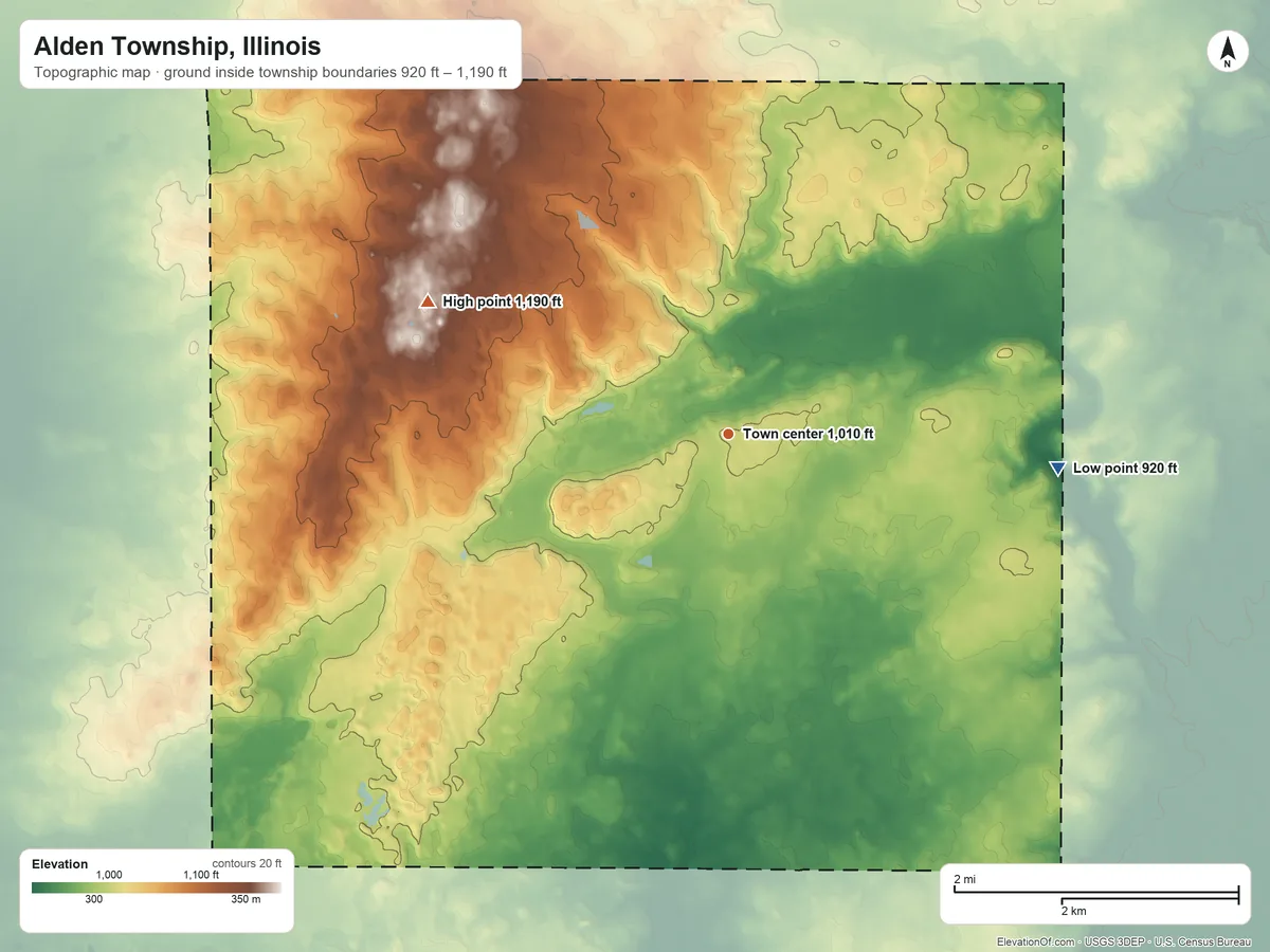 Topographic elevation map of Alden Township, Illinois, shaded from 920 ft on the east side to 1,190 ft on the northwest side