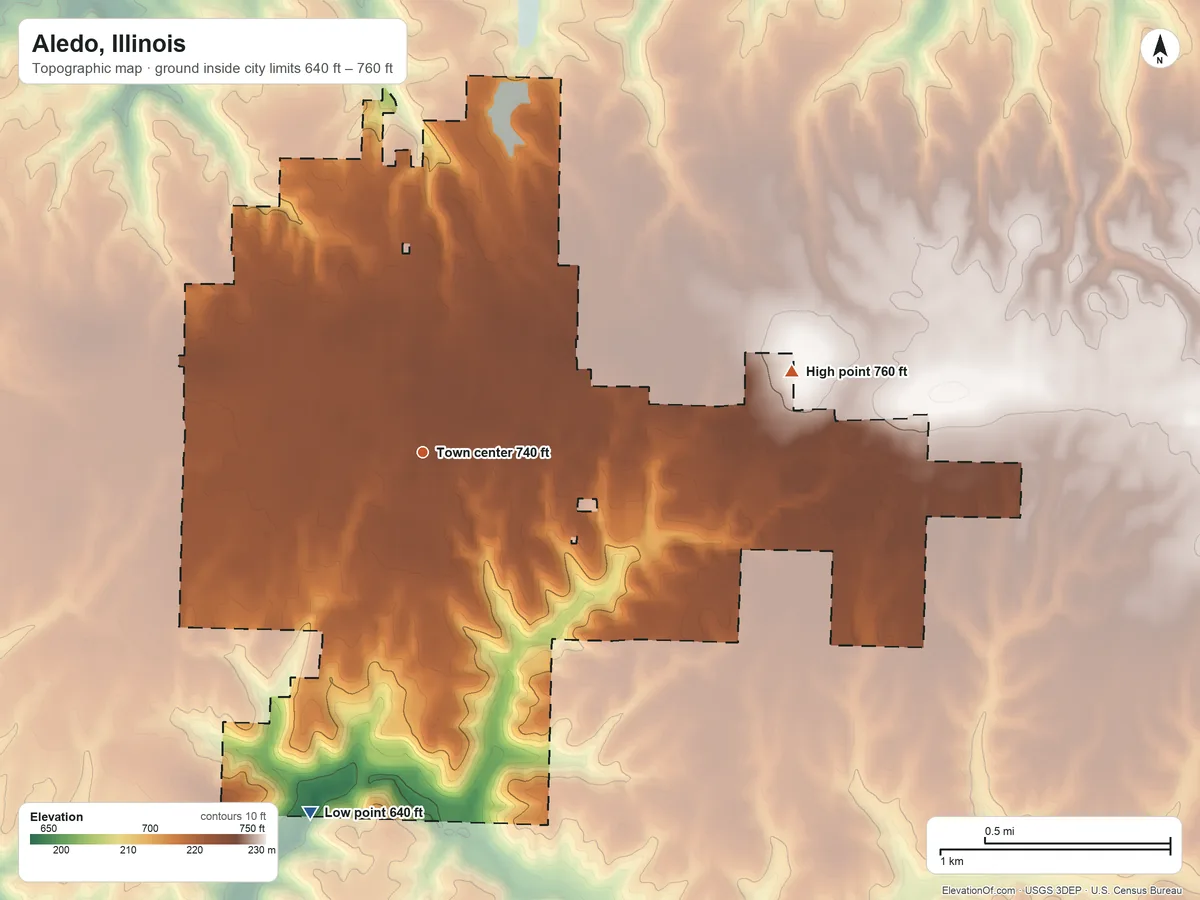 Topographic elevation map of Aledo, Illinois, shaded from 640 ft on the south side to 760 ft on the east side