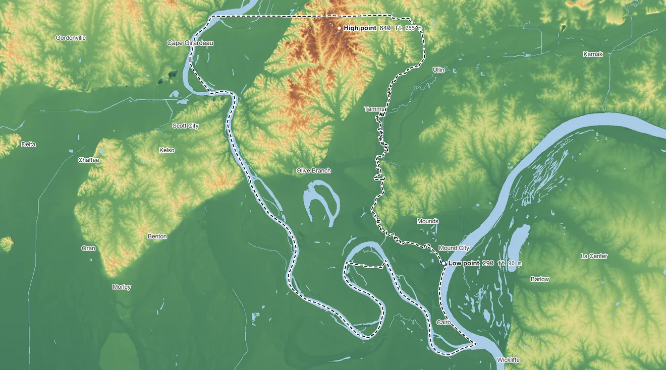 Topographic elevation map of Alexander County, Illinois, shaded from 290 ft on the southeast side to 840 ft on Italian Hill
