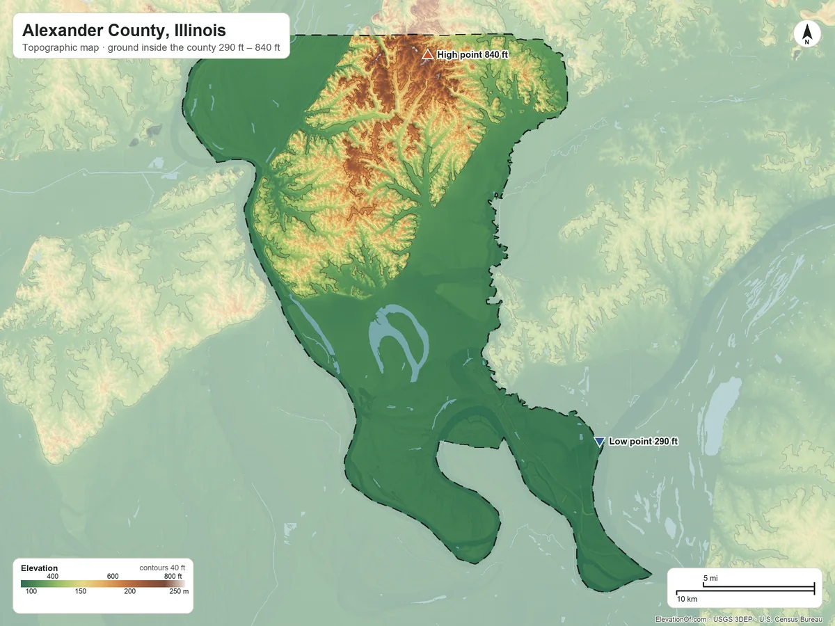 Topographic elevation map of Alexander County, Illinois, shaded from 290 ft on the southeast side to 840 ft on Italian Hill