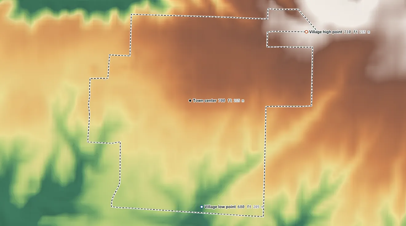 Topographic elevation map of Alexis, Illinois, shaded from 680 ft on the south side to 710 ft on the northeast side