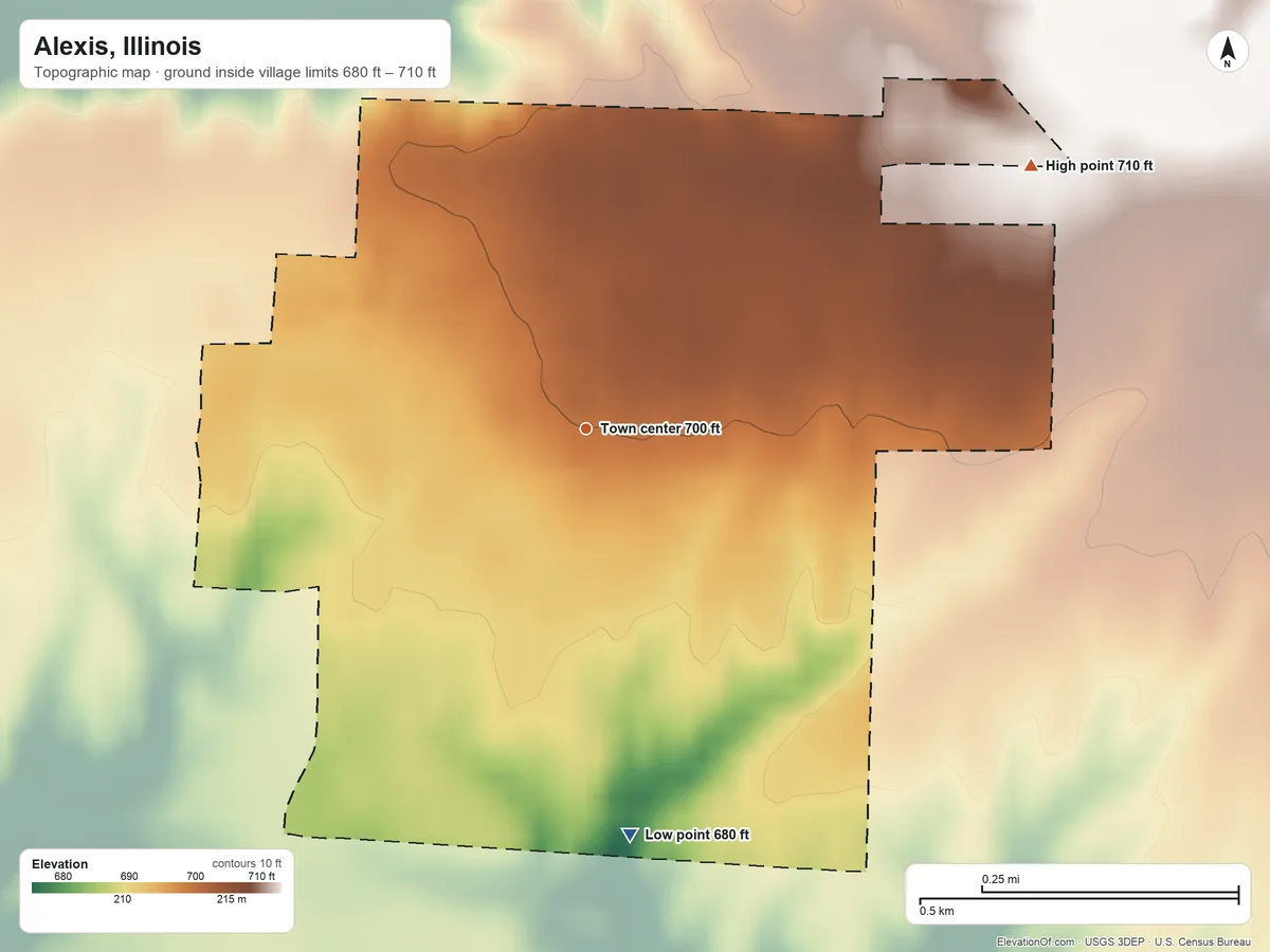 Topographic elevation map of Alexis, Illinois, shaded from 680 ft on the south side to 710 ft on the northeast side