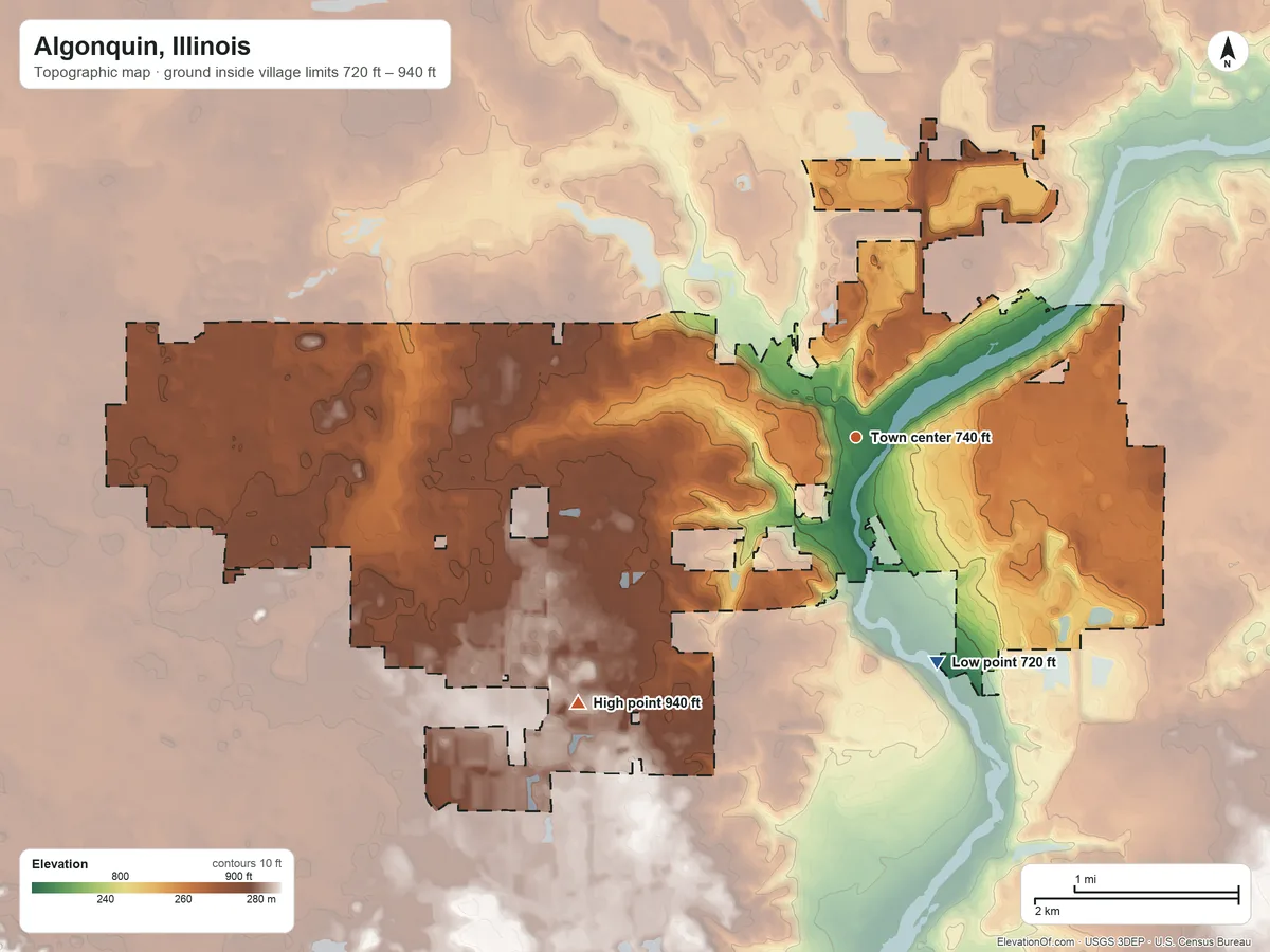 Topographic elevation map of Algonquin, Illinois, shaded from 720 ft on the south side to 940 ft on the southwest side