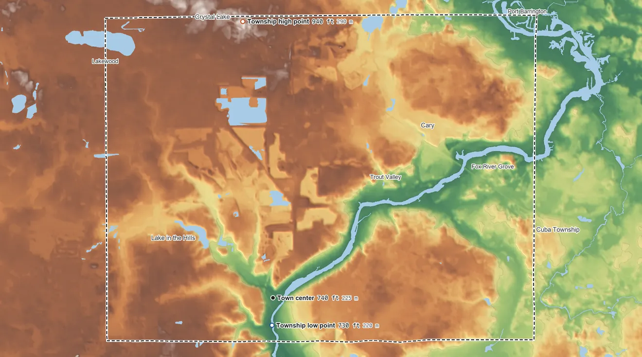 Topographic elevation map of Algonquin Township, Illinois, shaded from 730 ft near the middle to 940 ft on the north side
