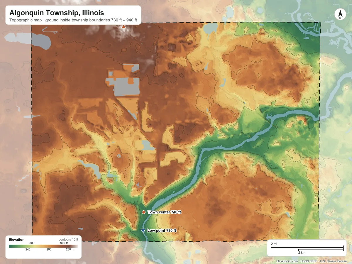 Topographic elevation map of Algonquin Township, Illinois, shaded from 730 ft near the middle to 940 ft on the north side
