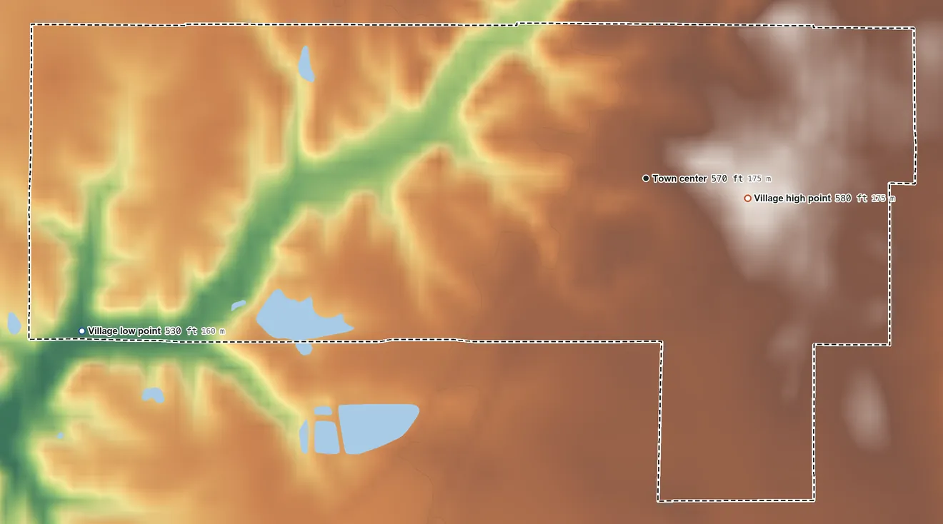 Topographic elevation map of Alhambra, Illinois, shaded from 530 ft on the west side to 580 ft on the east side