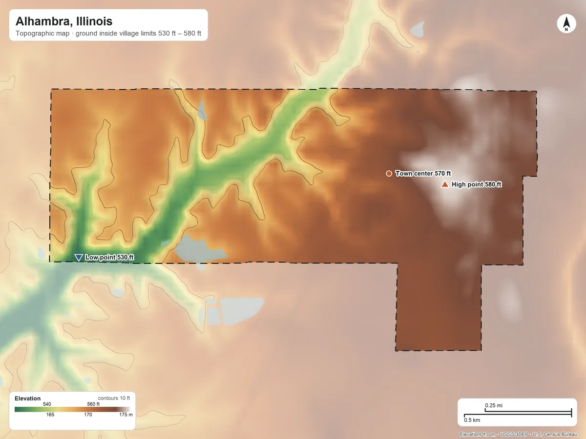 Topographic elevation map of Alhambra, Illinois, shaded from 530 ft on the west side to 580 ft on the east side