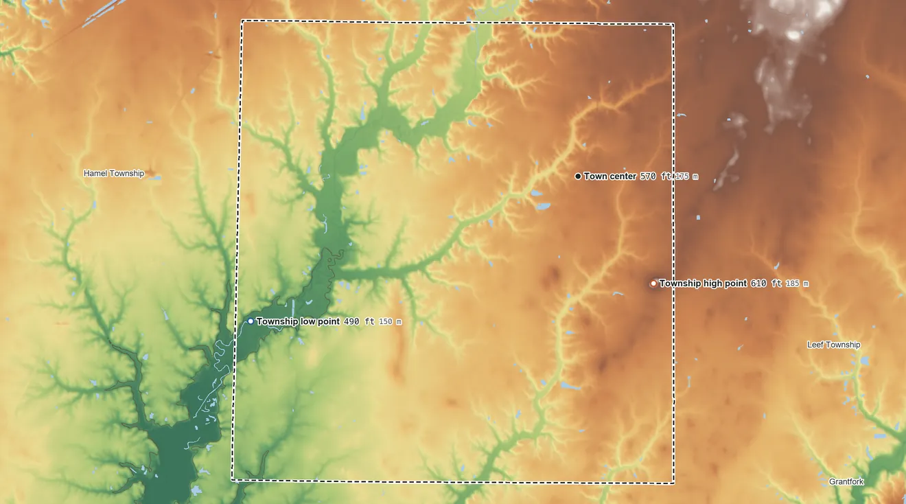 Topographic elevation map of Alhambra Township, Illinois, shaded from 490 ft on the southwest side to 610 ft on the southeast side
