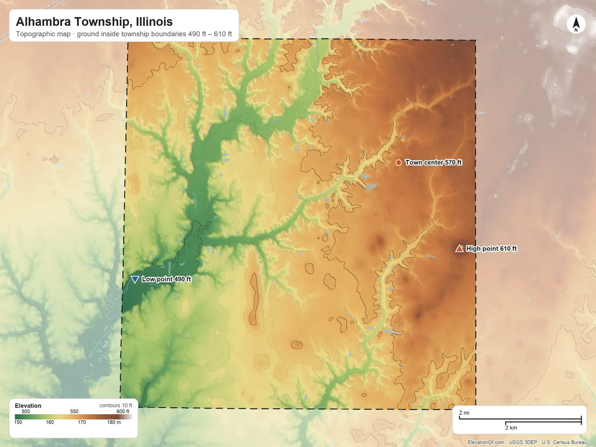 Topographic elevation map of Alhambra Township, Illinois, shaded from 490 ft on the southwest side to 610 ft on the southeast side