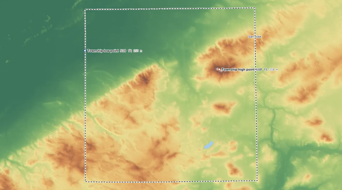 Topographic elevation map of Allens Grove Township, Illinois, shaded from 510 ft on the west side to 680 ft on Buxtom Hill