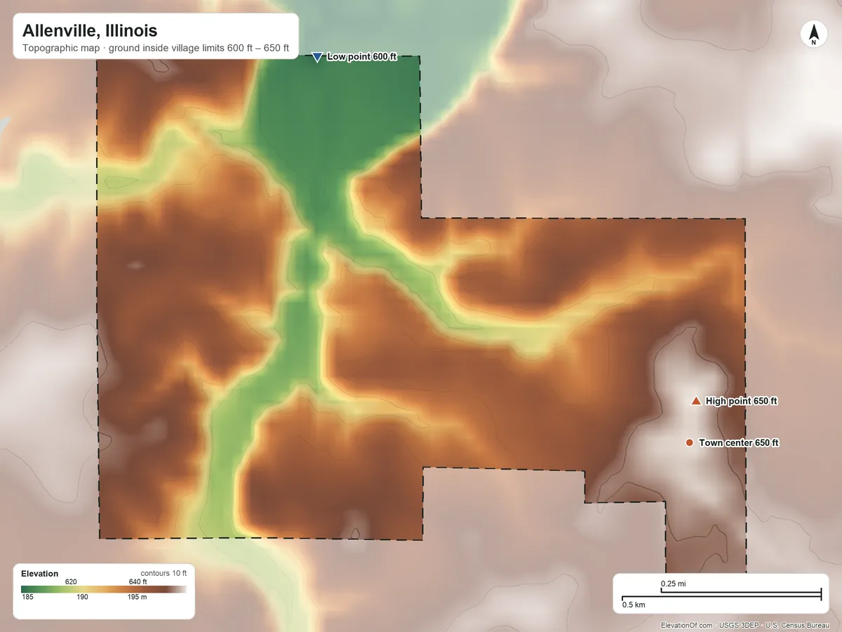 Topographic elevation map of Allenville, Illinois, shaded from 600 ft on the northwest side to 650 ft near the middle