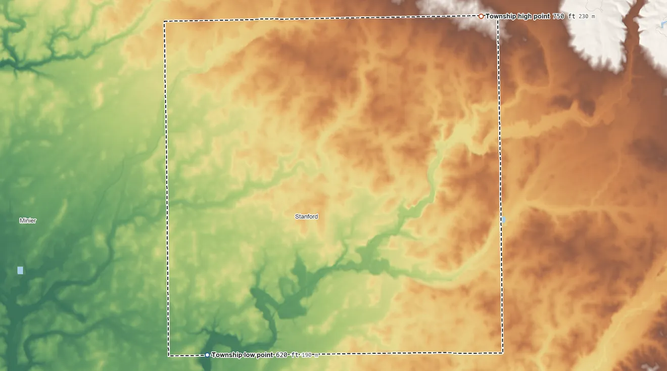 Topographic elevation map of Allin Township, Illinois, shaded from 620 ft on the southwest side to 750 ft on the northeast side