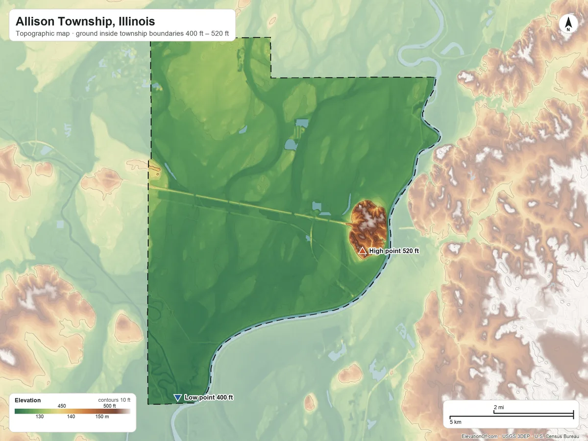 Topographic elevation map of Allison Township, Illinois, shaded from 400 ft on the southwest side to 520 ft on the southeast side