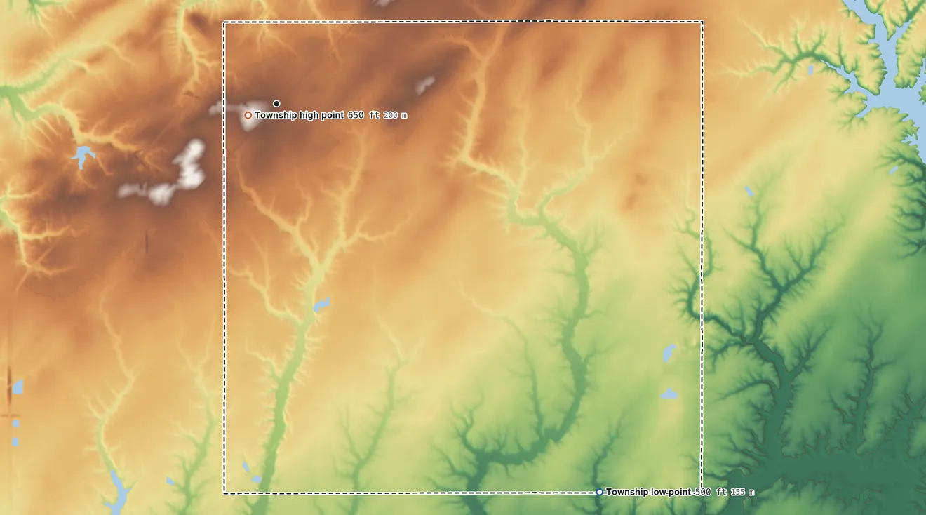 Topographic elevation map of Alma Township, Illinois, shaded from 500 ft on the southeast side to 650 ft near the middle