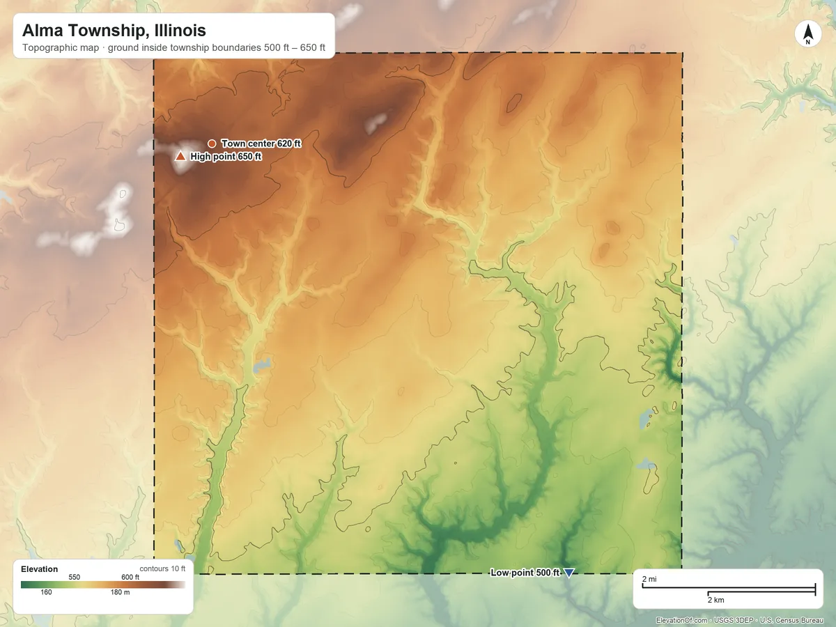 Topographic elevation map of Alma Township, Illinois, shaded from 500 ft on the southeast side to 650 ft near the middle