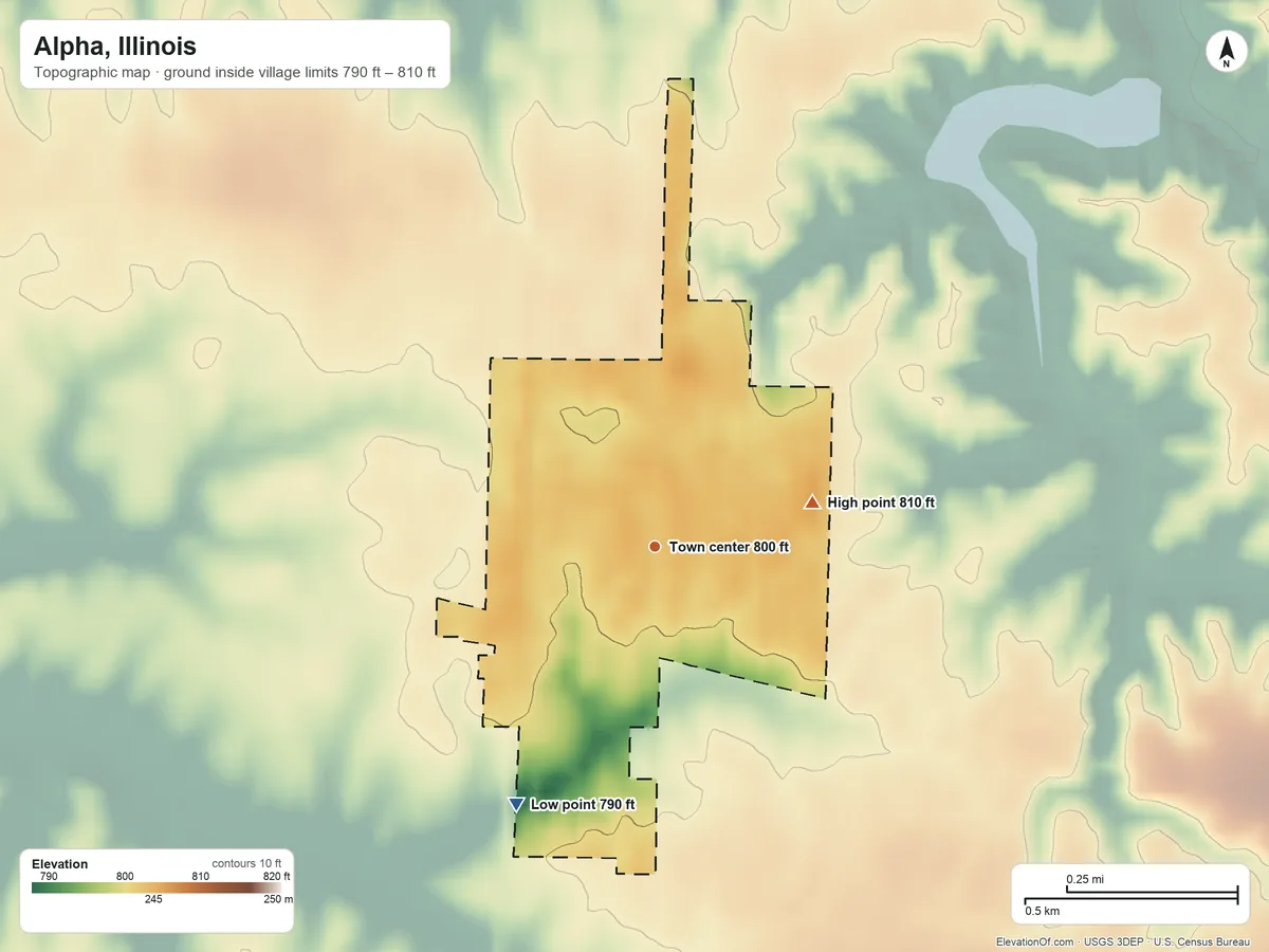 Topographic elevation map of Alpha, Illinois, shaded from 790 ft on the southwest side to 810 ft on the east side