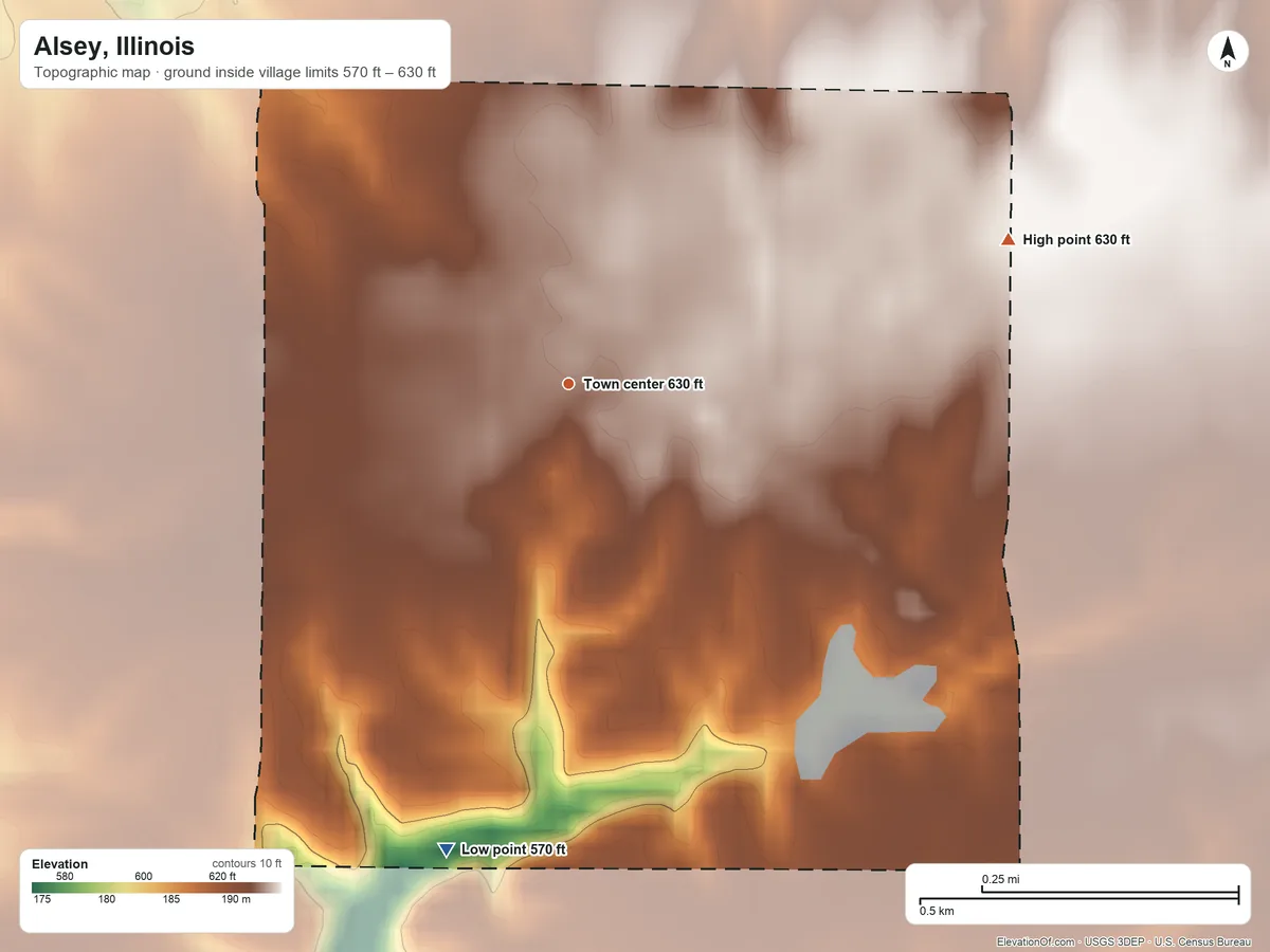 Topographic elevation map of Alsey, Illinois, shaded from 570 ft on the south side to 630 ft on the east side