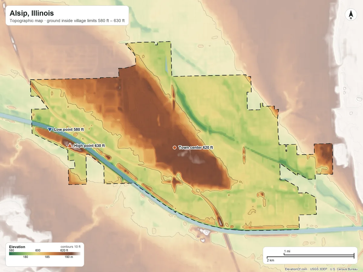 Topographic elevation map of Alsip, Illinois, shaded from 580 ft on the west side to 630 ft on the west side