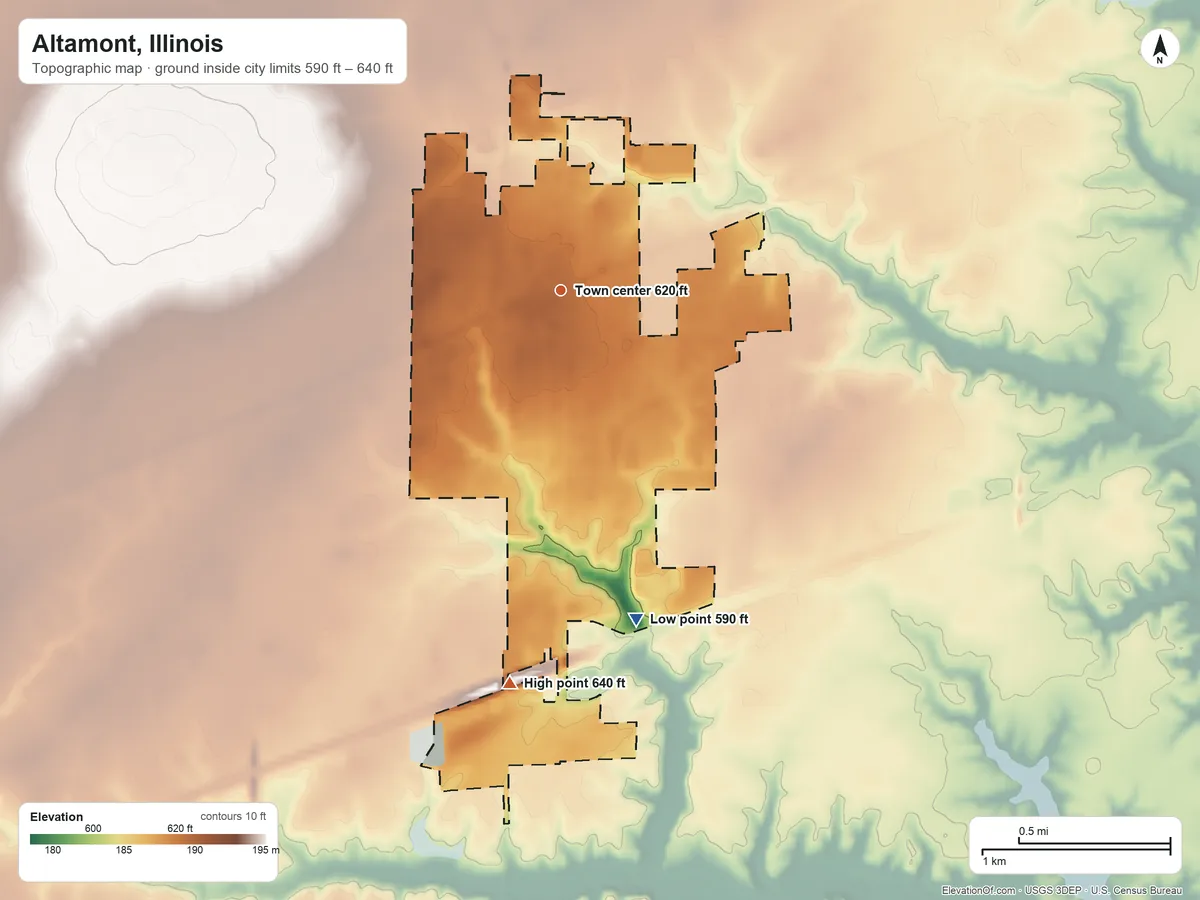 Topographic elevation map of Altamont, Illinois, shaded from 590 ft on the south side to 640 ft on the south side