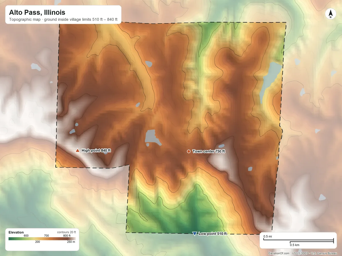 Topographic elevation map of Alto Pass, Illinois, shaded from 510 ft on the south side to 840 ft on the west side