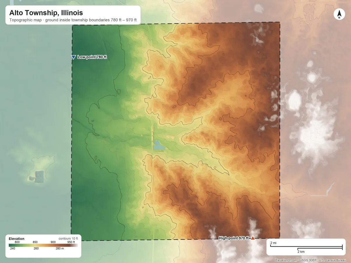 Topographic elevation map of Alto Township, Illinois, shaded from 780 ft on the northwest side to 970 ft on the southeast side