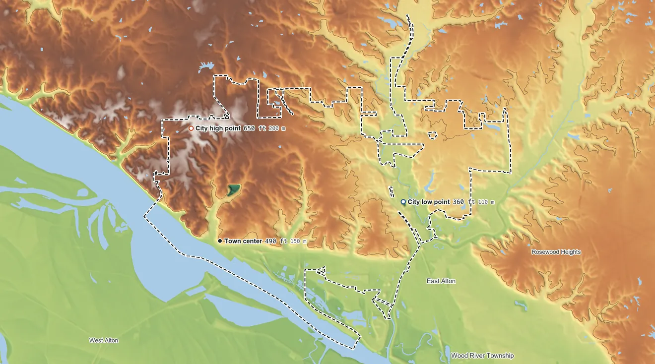 Topographic elevation map of Alton, Illinois, shaded from 360 ft on the east side to 650 ft on the north side