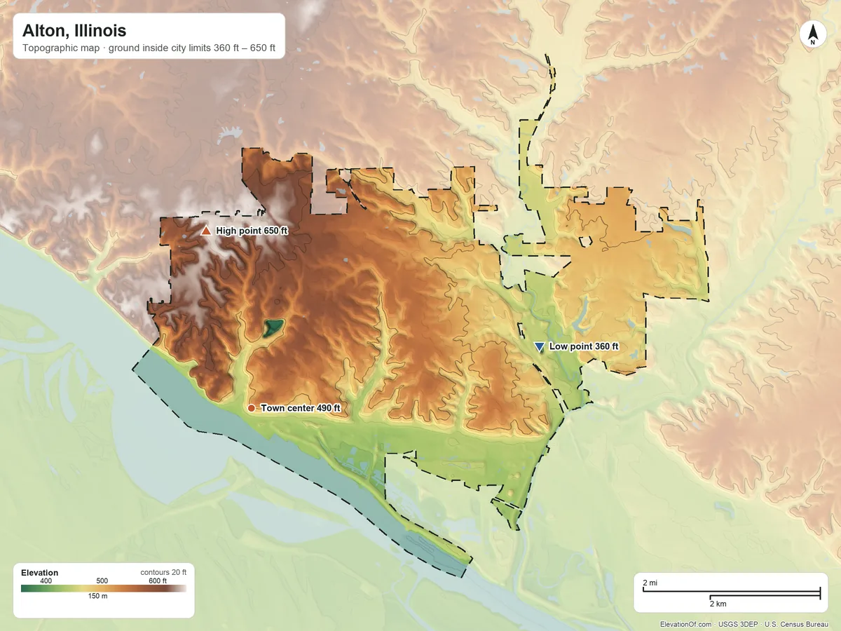 Topographic elevation map of Alton, Illinois, shaded from 360 ft on the east side to 650 ft on the north side