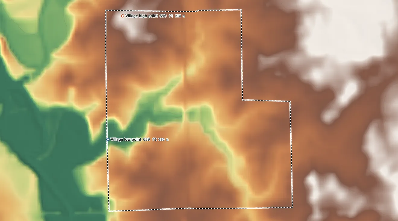 Topographic elevation map of Alvan (Alvin), Illinois, shaded from 630 ft on the west side to 690 ft on the northwest side
