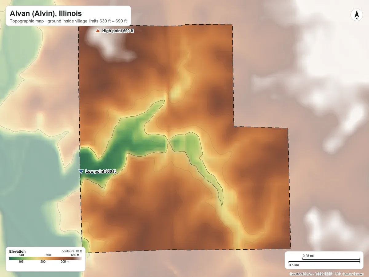 Topographic elevation map of Alvan (Alvin), Illinois, shaded from 630 ft on the west side to 690 ft on the northwest side