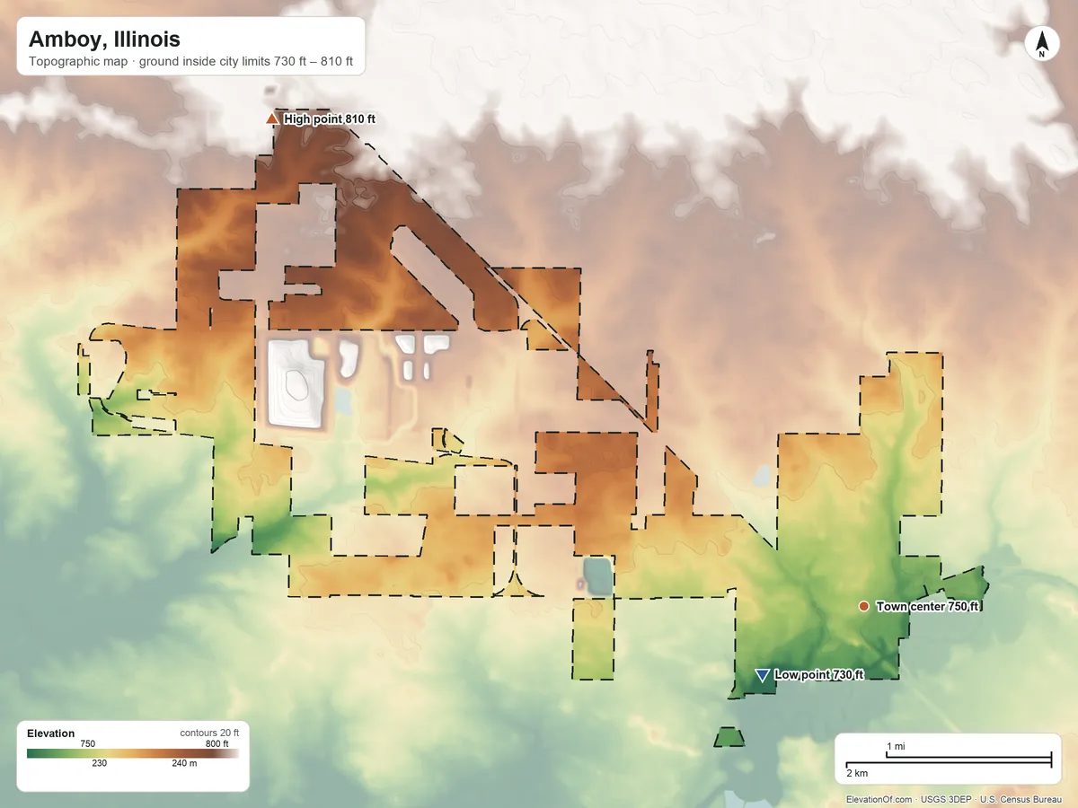 Topographic elevation map of Amboy, Illinois, shaded from 730 ft on the southwest side to 810 ft on the northwest side