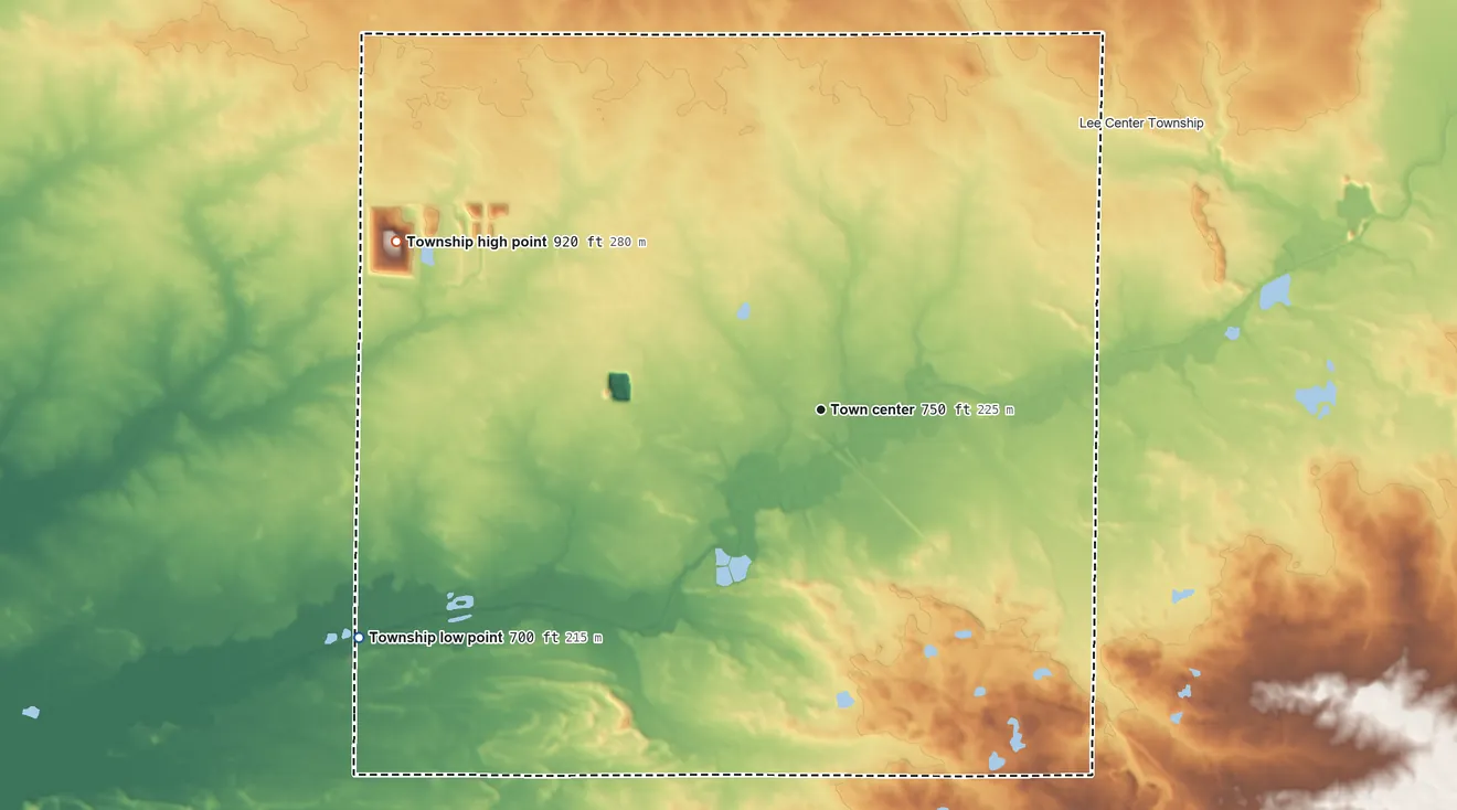 Topographic elevation map of Amboy Township, Illinois, shaded from 700 ft on the southwest side to 920 ft on the west side