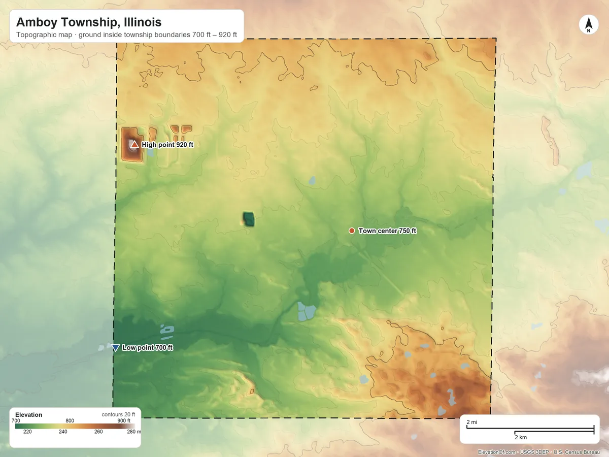 Topographic elevation map of Amboy Township, Illinois, shaded from 700 ft on the southwest side to 920 ft on the west side